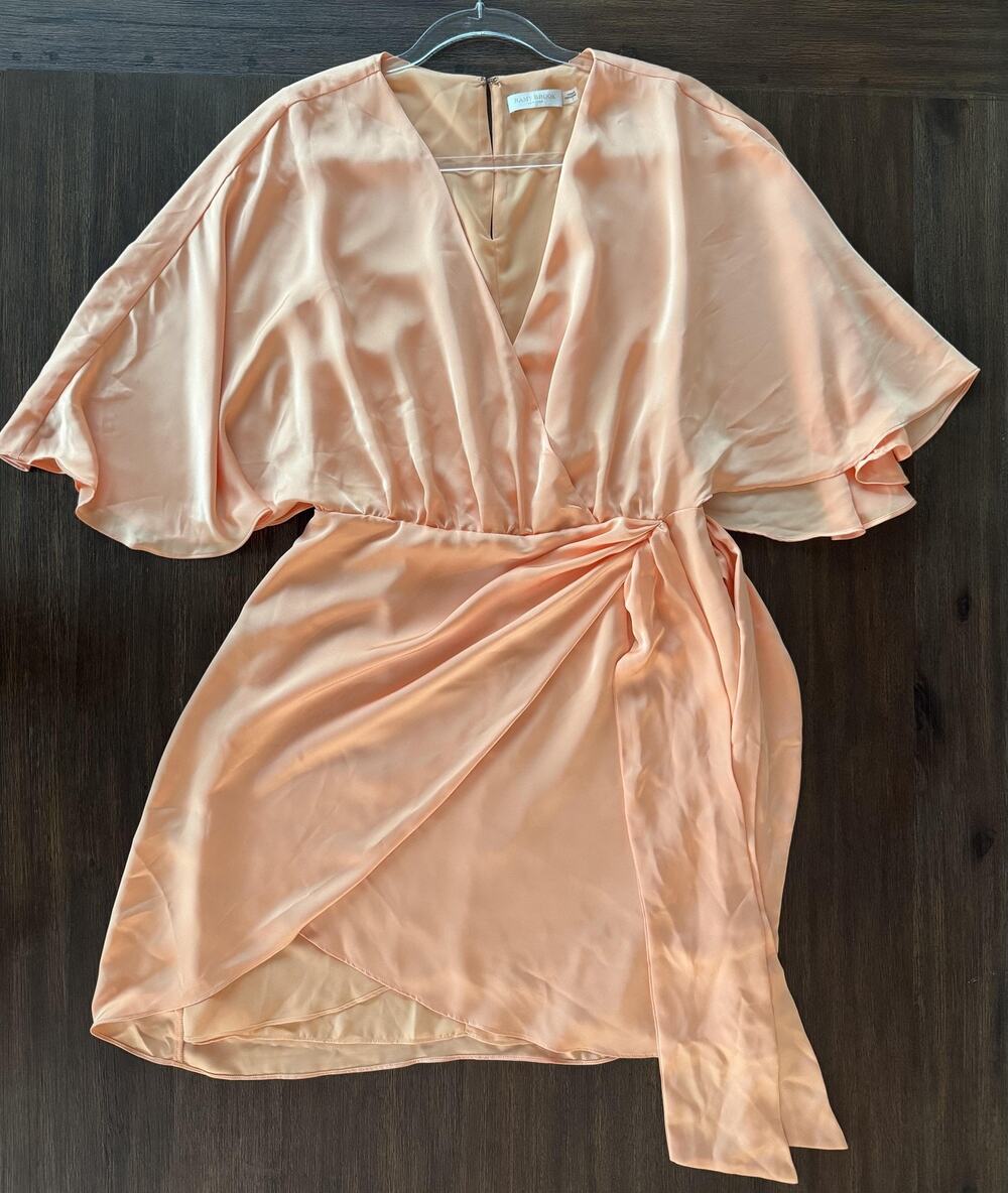Ramy Brook Satin Dress Womens 8 Wrap Mini Flutter Sleeve Peach M